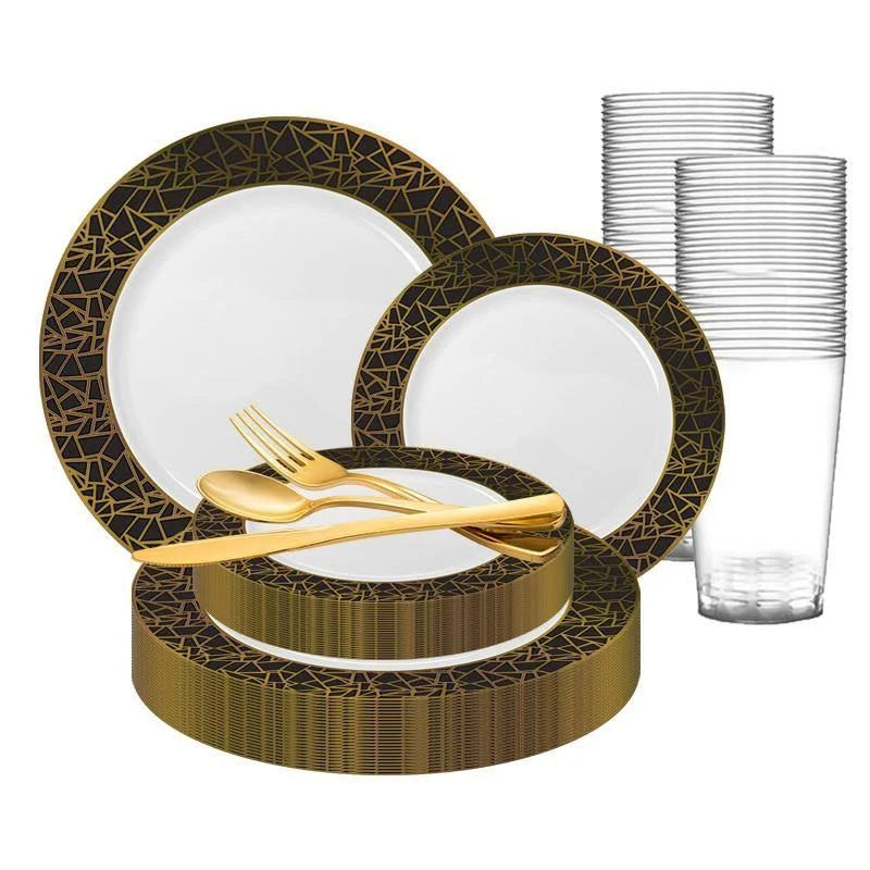 120 Settings White Black Gold Mosaic Rim Round Plastic Wedding Value Set A23436
