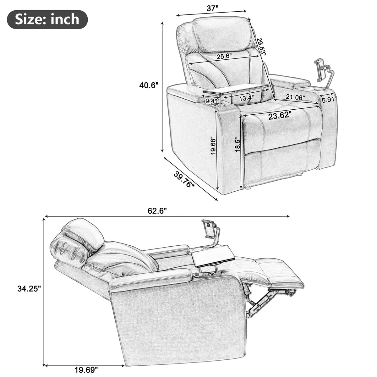 Power Motion Recliner with USB Charging Port and Hidden Arm Storage, 2 Cup Holders, 360° Swivel Tray Table F777720