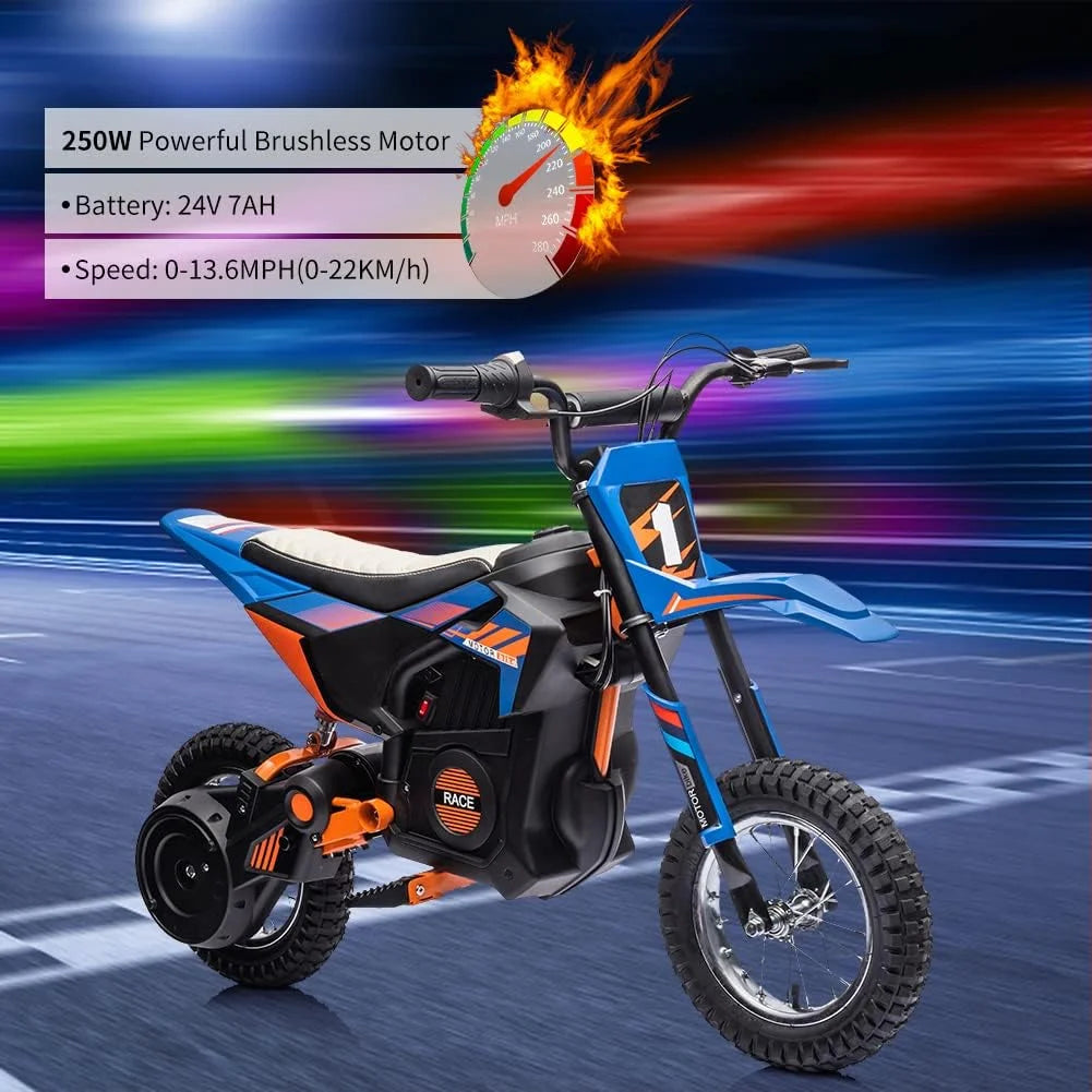 24V Electric Off-Road Motorcycle 250W Motor 13.6MPH Fast Speed Motocross Leather Seat Dirt Bike Twist Grip Throttle Metal Suspension Air-Filled Tires for Kids Teens Age 13+ Blue B194