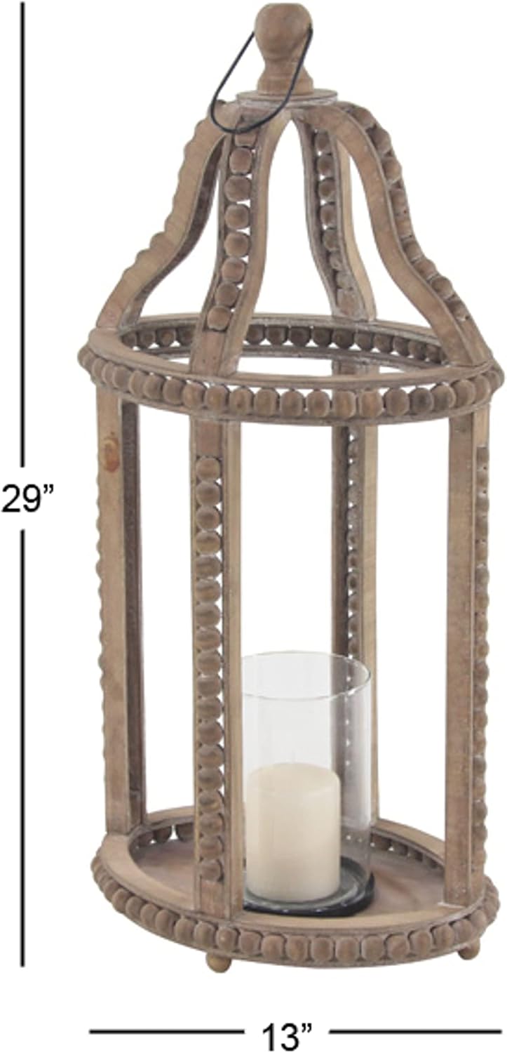Rustic Wood and Glass Candle Lantern, 10W x 29H, Brown Z753