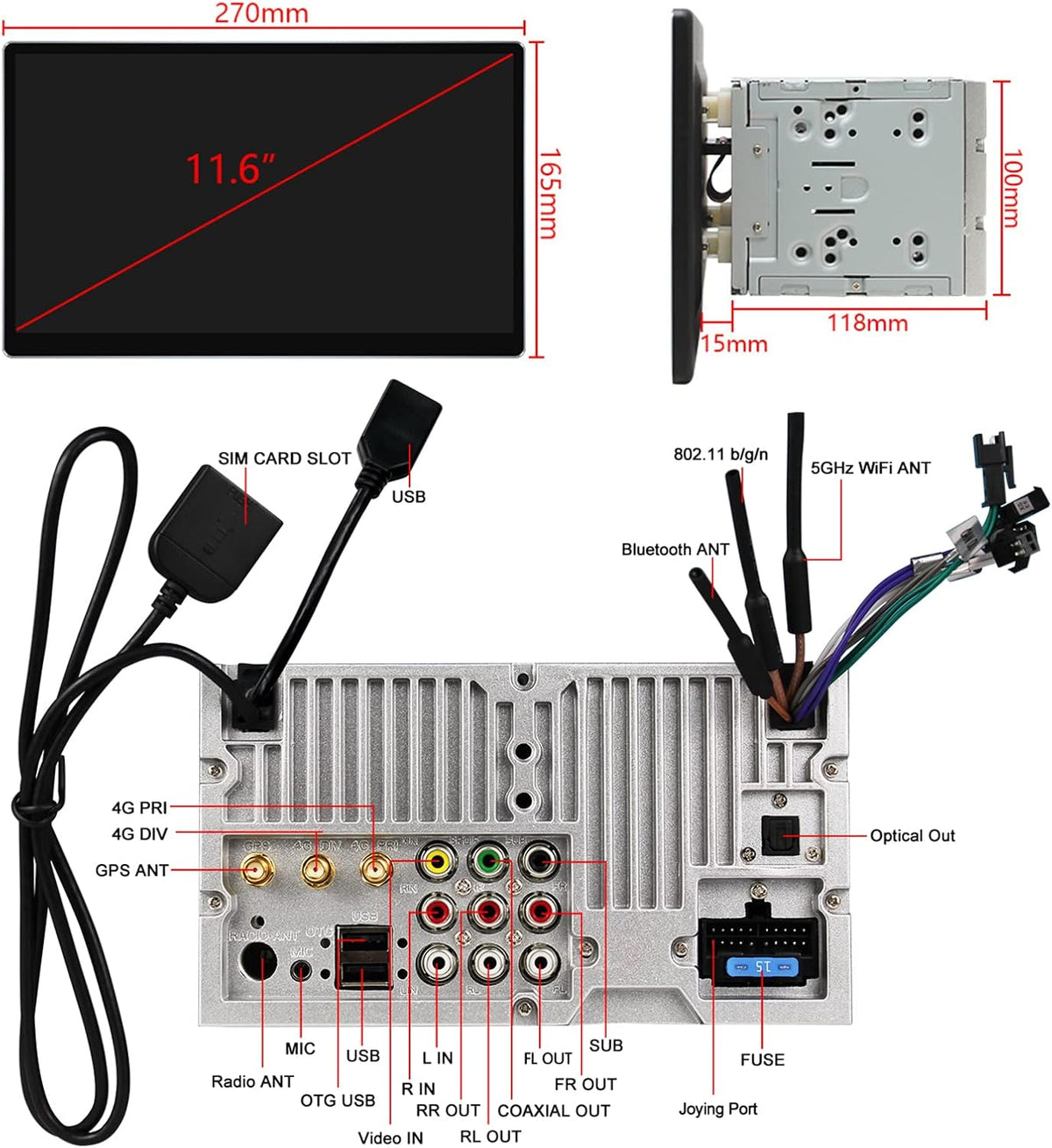 11.6 Inch Double Din Car Stereo with 1920x1080 Screen I492
