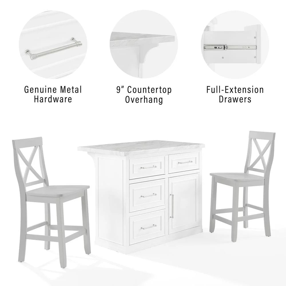 White 3-Piece Wood Kitchen Island with X-Back Stools I61221