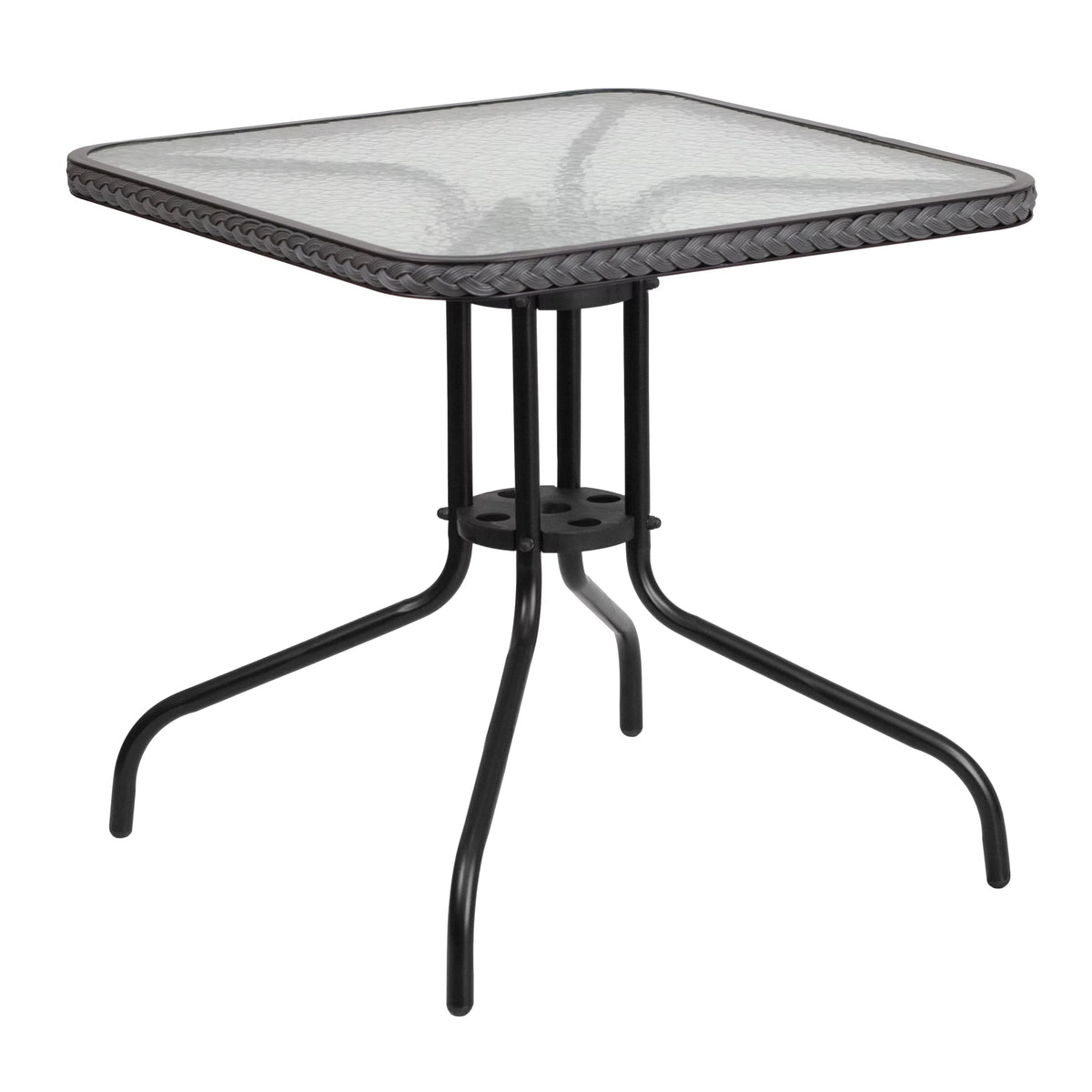 28'' Square Glass Metal Table with 2 Gray Rattan Stack Chairs X81433