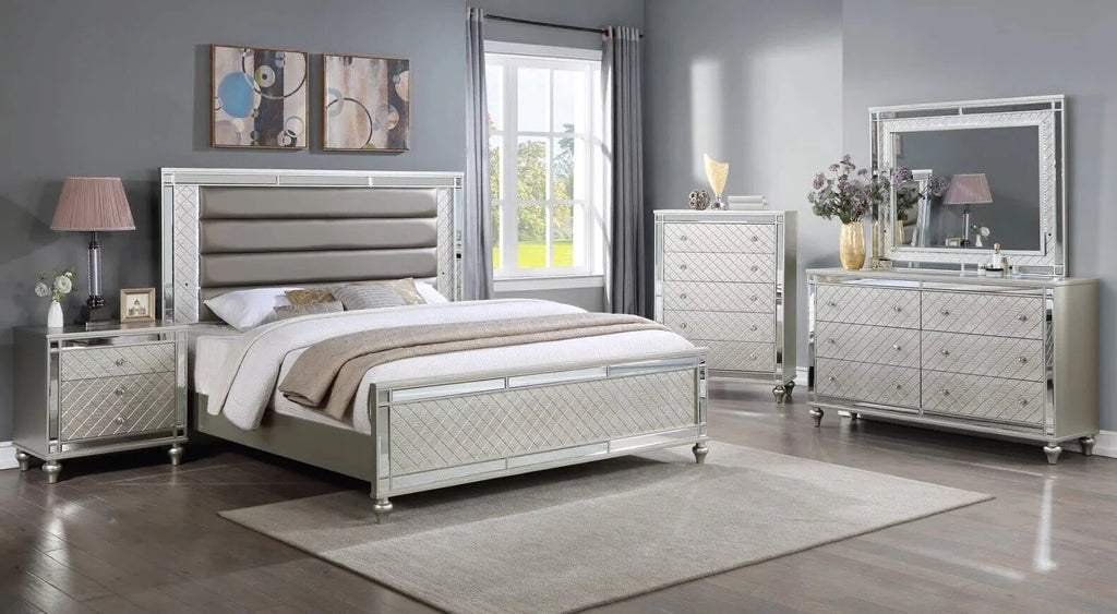 6pc Queen Size Upholstery LED Bed Dresser Mirror Nightstand Chest Wooden Bedroom Furniture Set K157