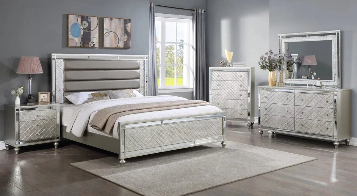 6pc Queen Size Upholstery LED Bed Dresser Mirror Nightstand Chest Wooden Bedroom Furniture Set K157