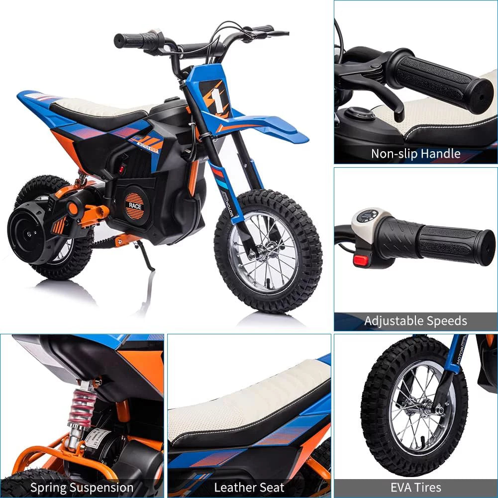 24V Electric Off-Road Motorcycle 250W Motor 13.6MPH Fast Speed Motocross Leather Seat Dirt Bike Twist Grip Throttle Metal Suspension Air-Filled Tires for Kids Teens Age 13+ Blue B194