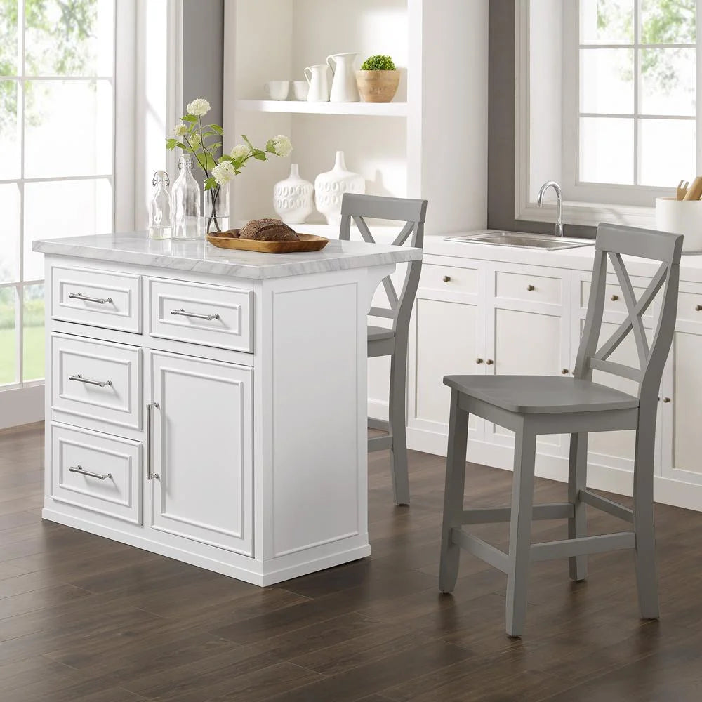White 3-Piece Wood Kitchen Island with X-Back Stools I61221