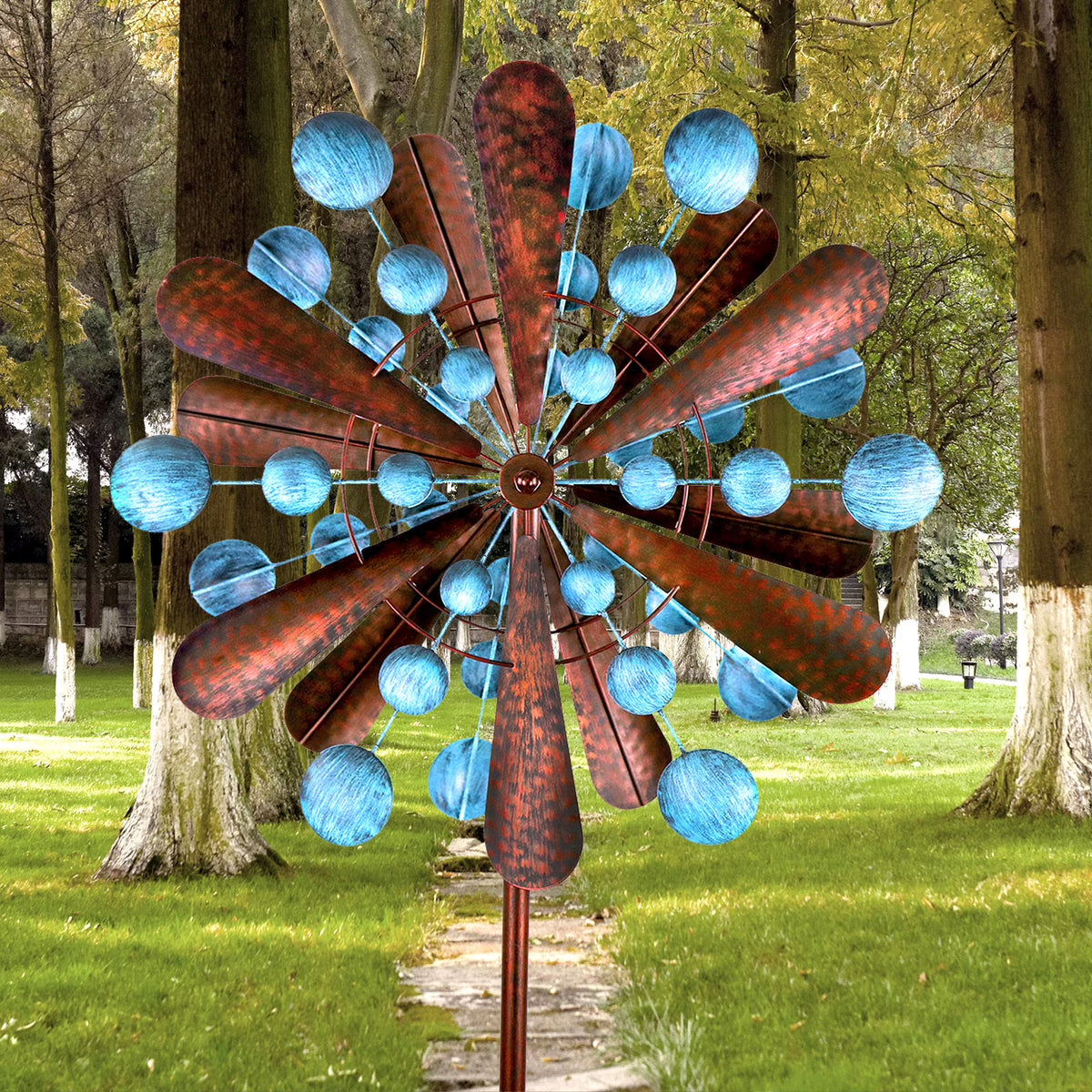 Blue&Brown 84 inch Solar-Powered Metal Wind Spinner K453