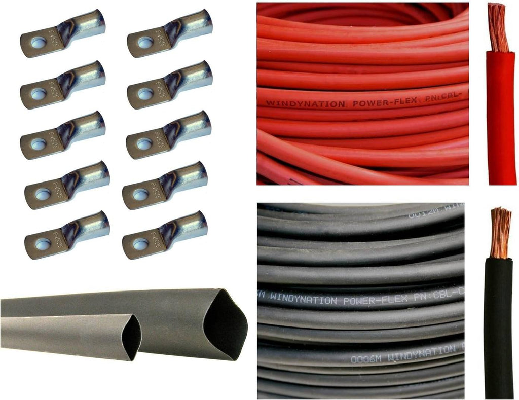 6 Gauge 25 Feet Red + 25 Feet Black Pure Copper Flexible Cable with 10pcs 3/8" Tinned Copper Cable Lug Terminals and 3 Feet Heat Shrink Tubing O42609