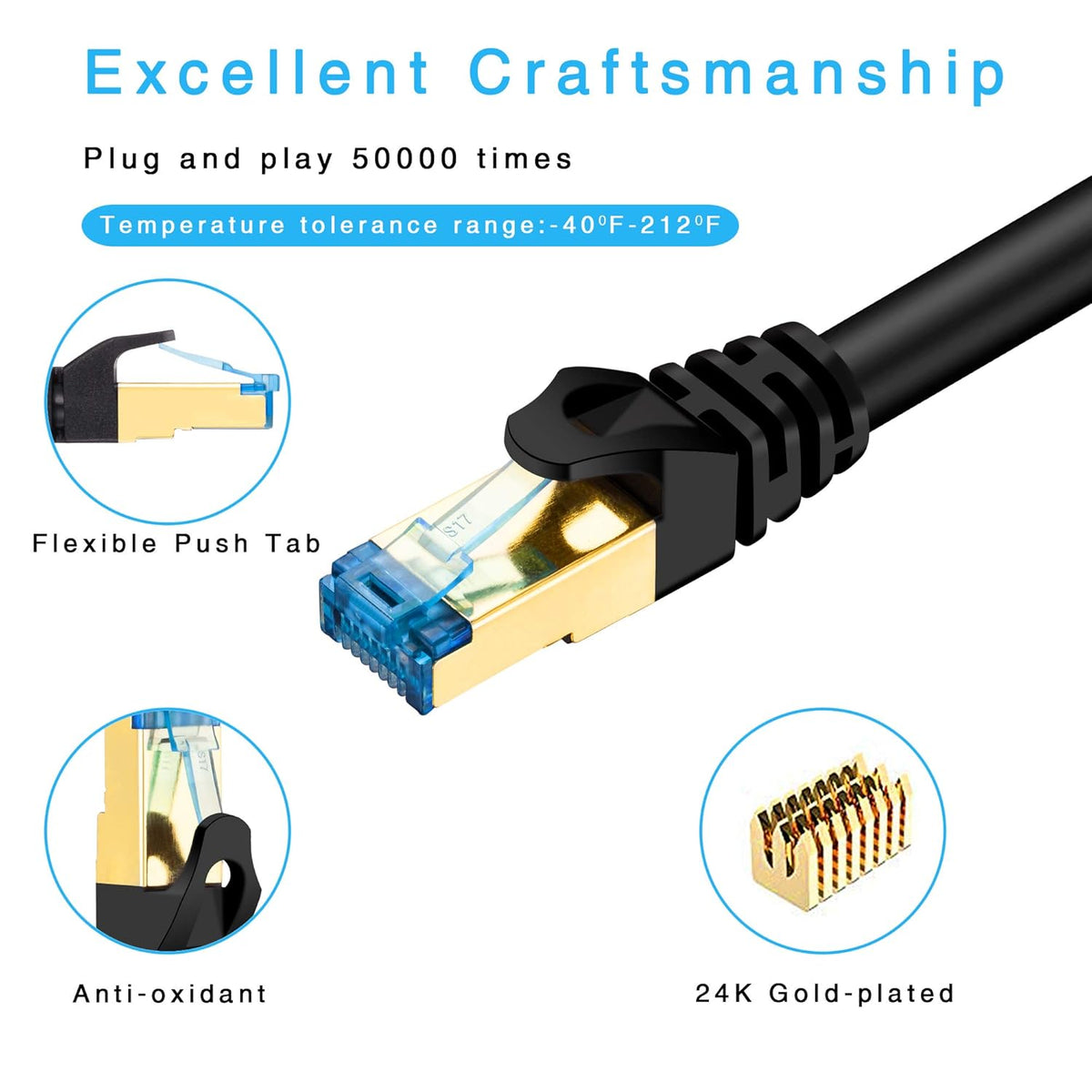 Outdoor Cat7 Ethernet Cable 150 ft Double Shielded SSTP 10Gbps 600MHz 26AWG Heavy-Duty Ethernet Patch Cable D9111