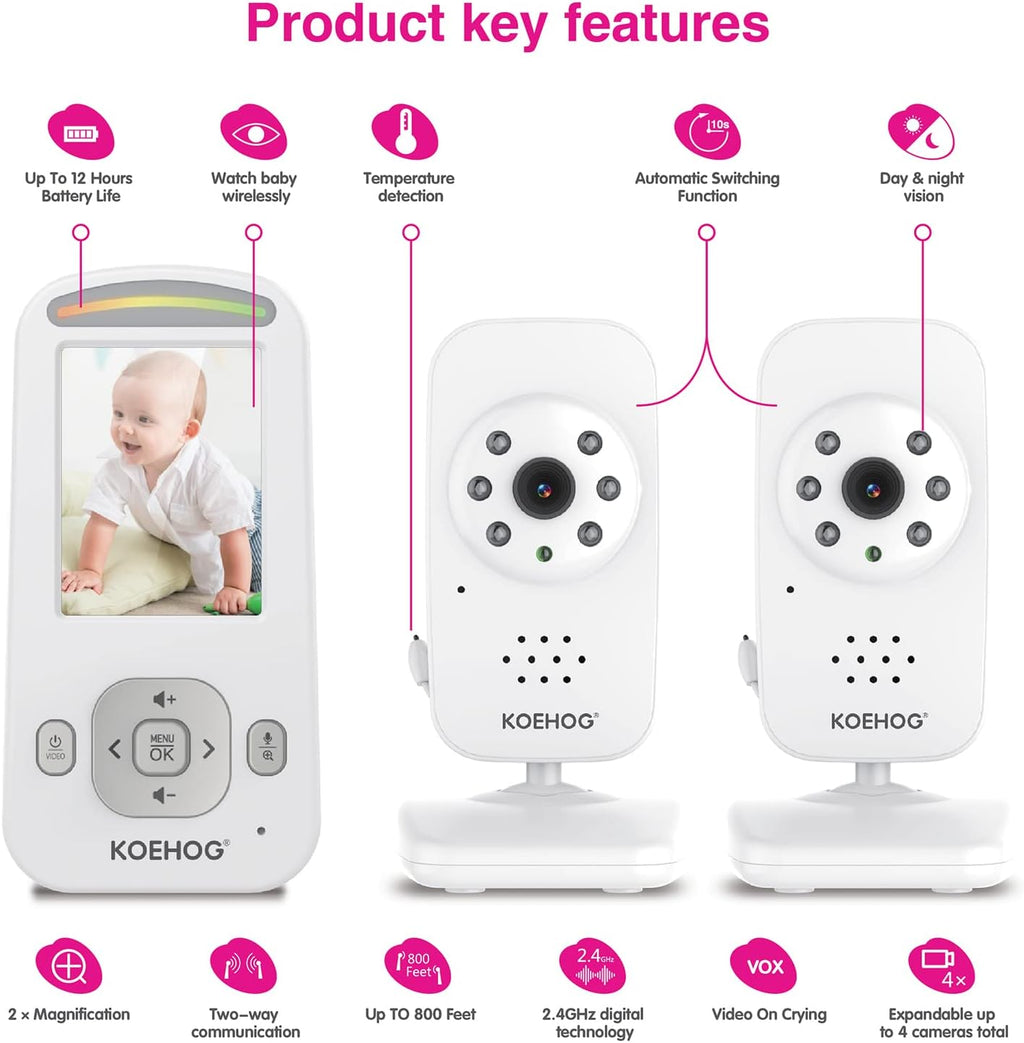 Video Baby Monitor with 2 Digital Cameras 1,000ft Range 2-Way Talk Temperature Display Day/Night Vision N4349