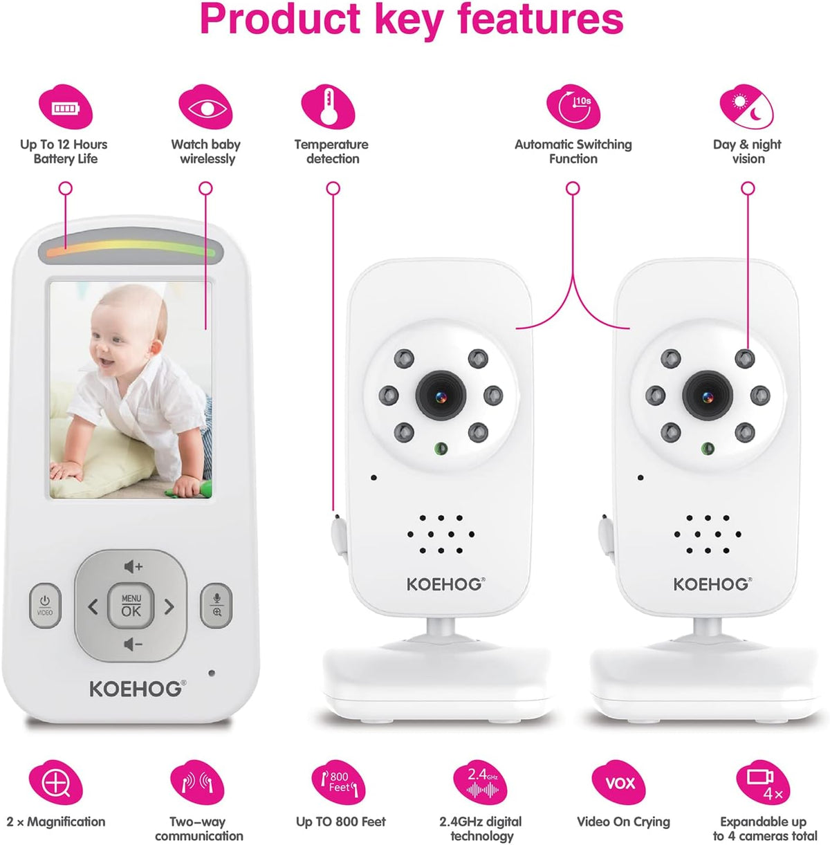 Video Baby Monitor with 2 Digital Cameras 1,000ft Range 2-Way Talk Temperature Display Day/Night Vision N4349