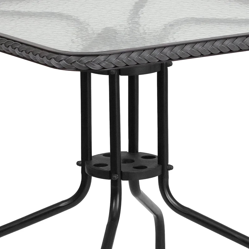 28'' Square Glass Metal Table with 2 Gray Rattan Stack Chairs X81433