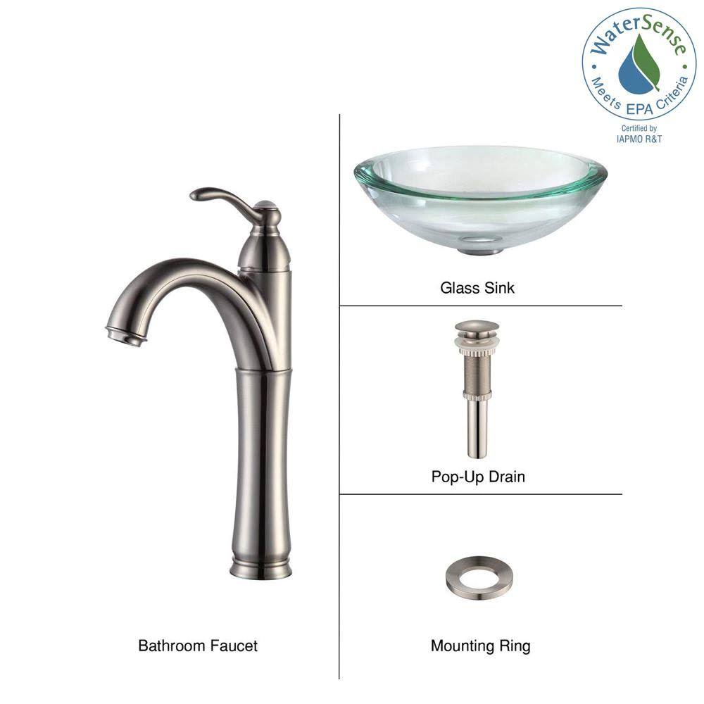 Glass Circular Vessel Bathroom Sink with Faucet, Satin Nickel E50329