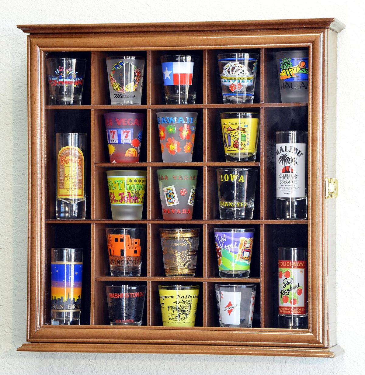 Walnut Lockable Wall Rack Display Case for 21 Shot Glasses R90264