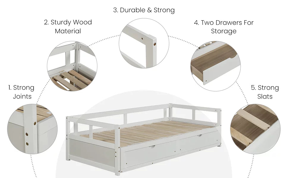 White Solid Pine Wood Twin Daybed with Two Drawers G224313