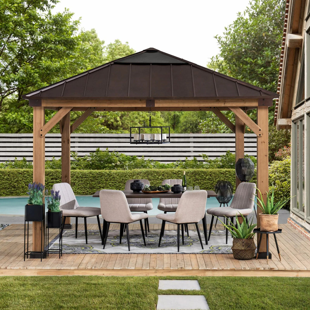 13 ft. x 15 ft. Cedar Framed Gazebo with Brown Steel and Polycarbonate Hip Roof Hardtop B98384