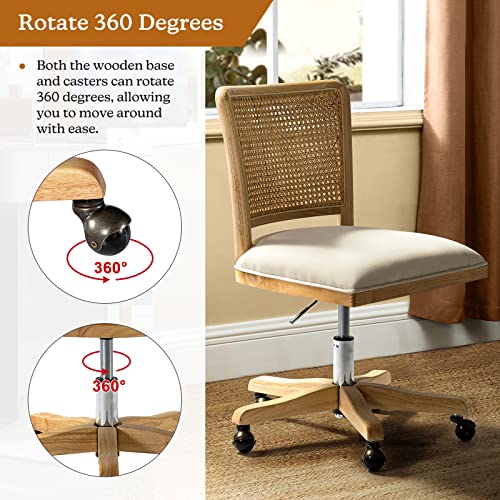 Upholstered Armless Swivel Desk Chair with Rattan Mid-Back A492