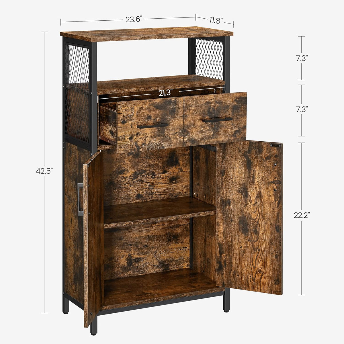 Rustic Brown and Black Freestanding Storage Cabinet with Doors and Shelves O6702