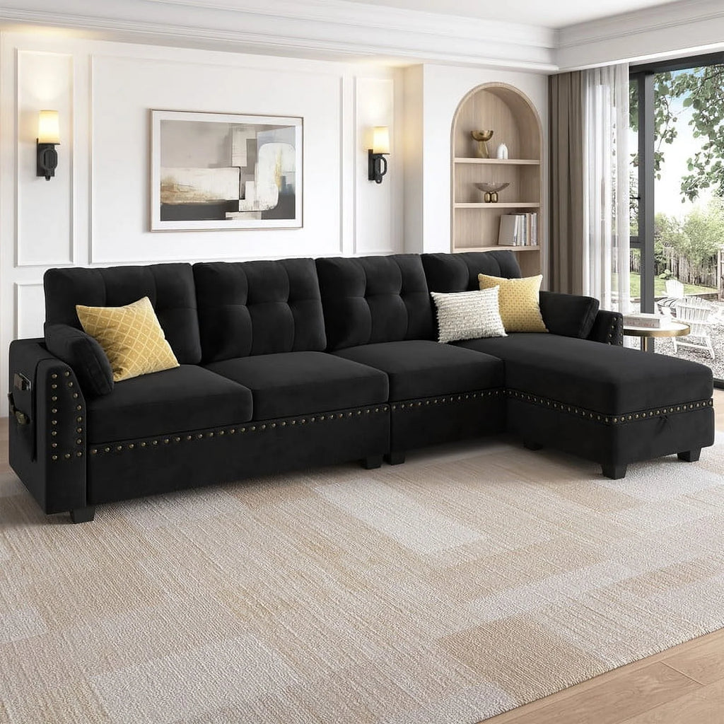 Black Velvet L Shaped Sectional Couch with Storage Ottoman U735420