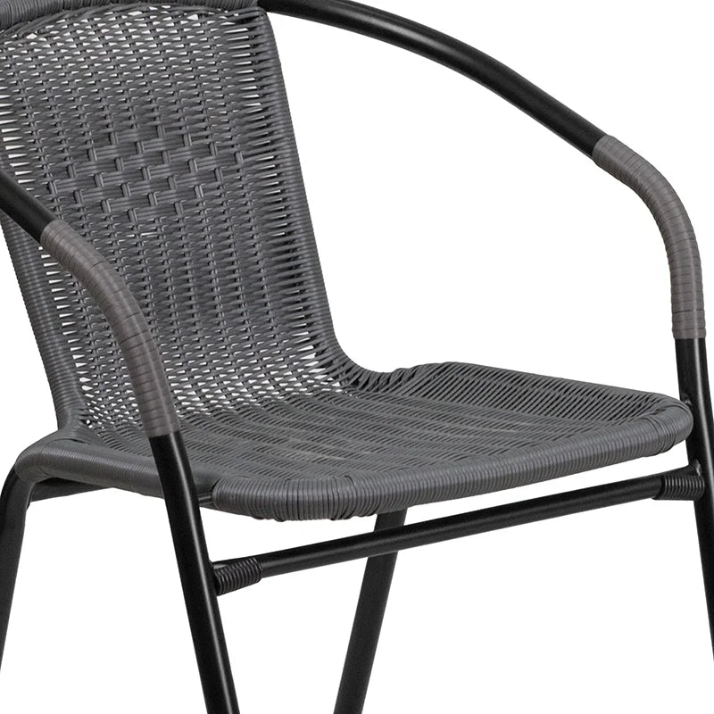 28'' Square Glass Metal Table with 2 Gray Rattan Stack Chairs X81433