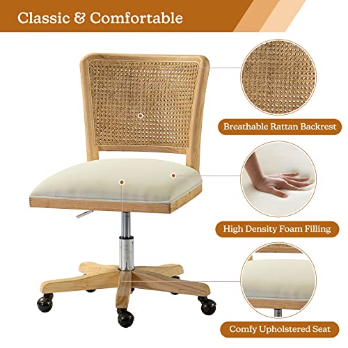 Upholstered Armless Swivel Desk Chair with Rattan Mid-Back A492