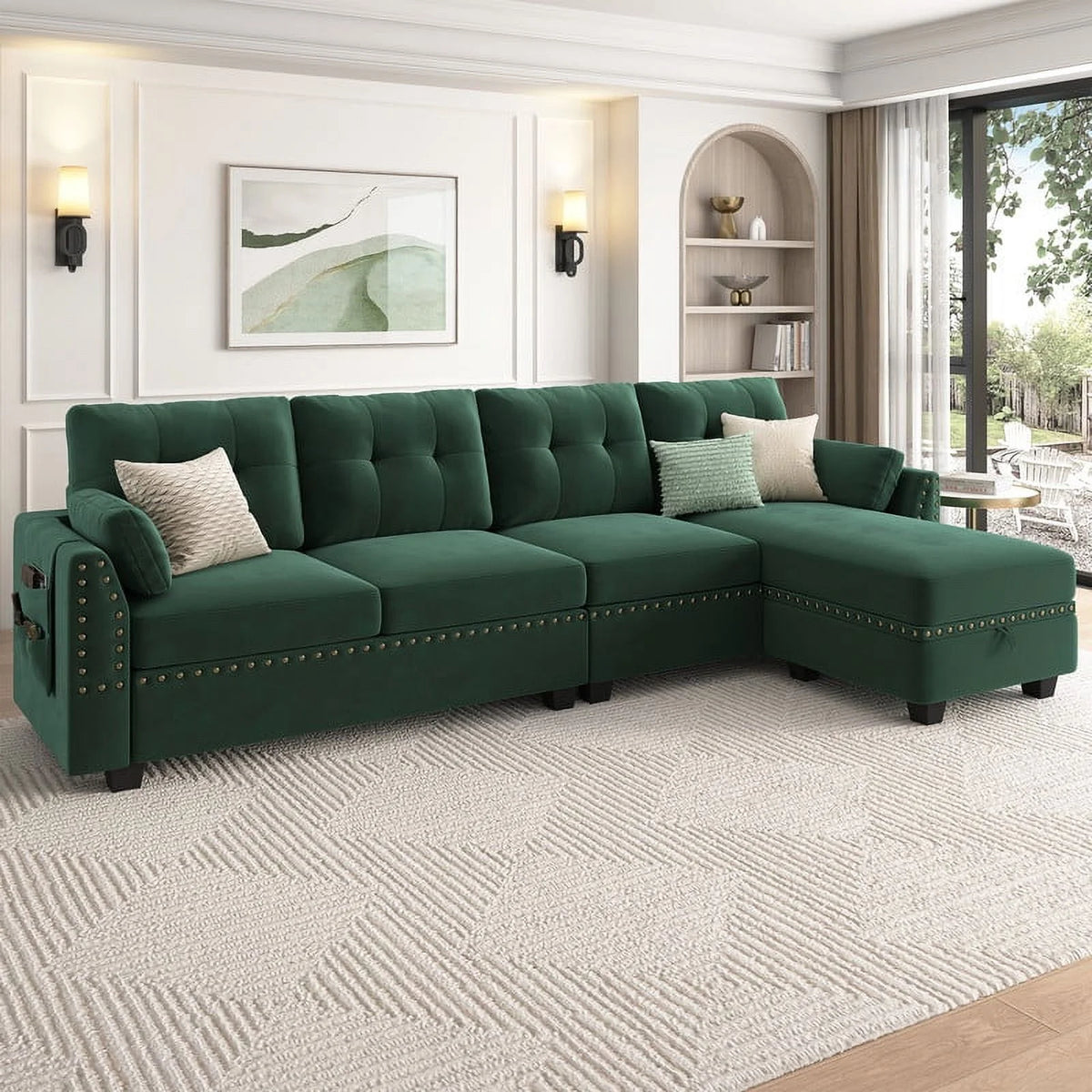 Black Velvet L Shaped Sectional Couch with Storage Ottoman U735420
