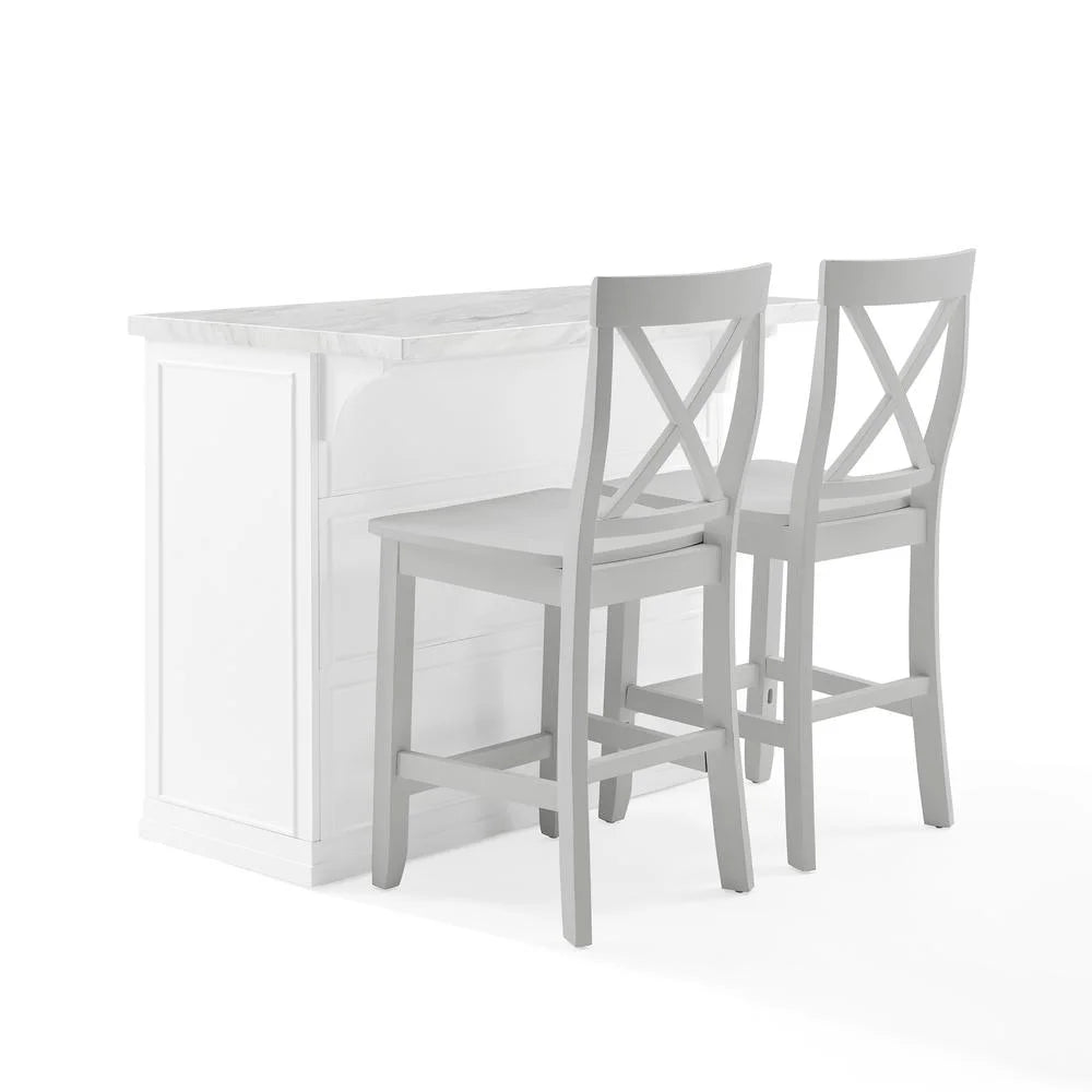 White 3-Piece Wood Kitchen Island with X-Back Stools I61221