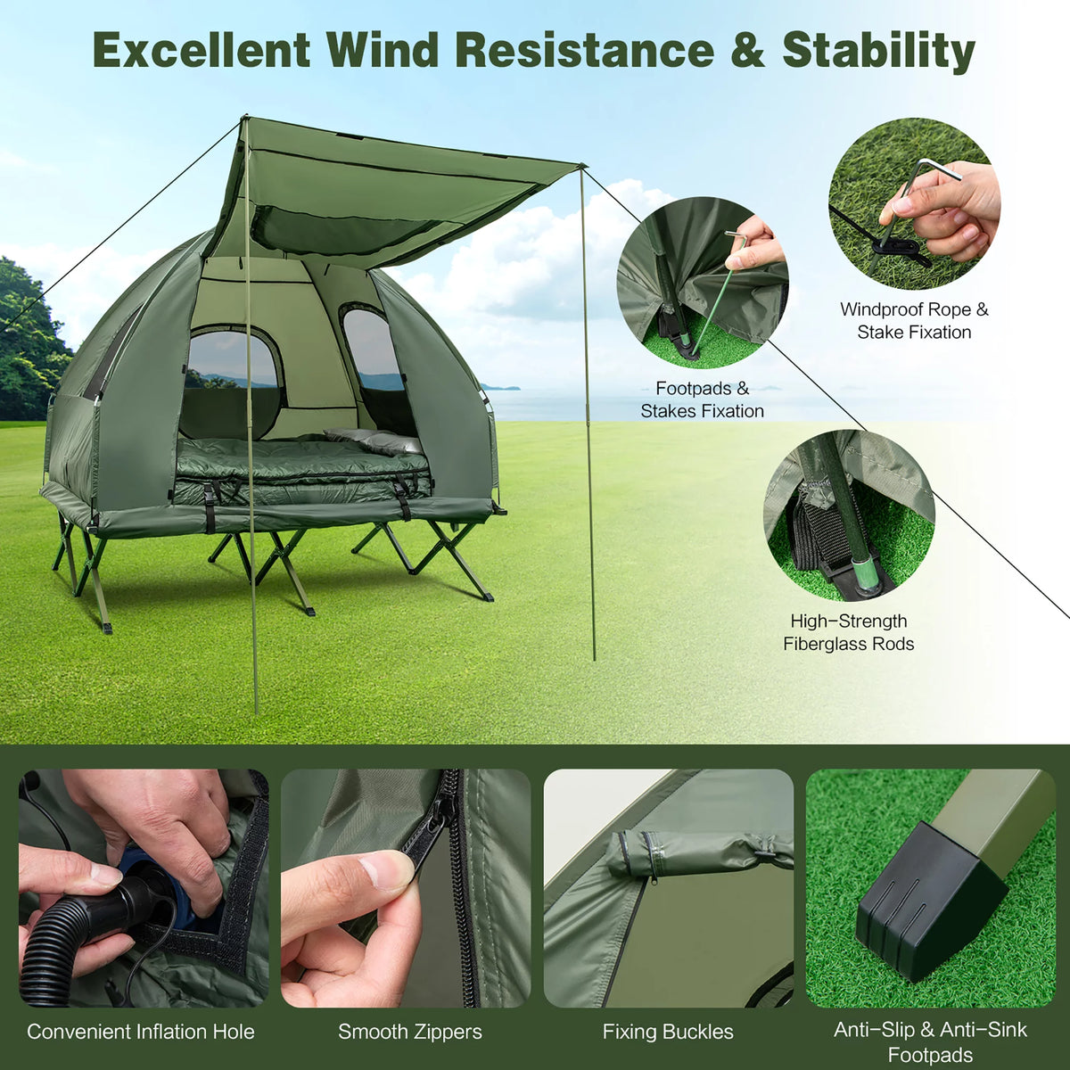 2-Person Pop-Up Tent Camping Cot with Air Mattress and Sleeping Bag F980