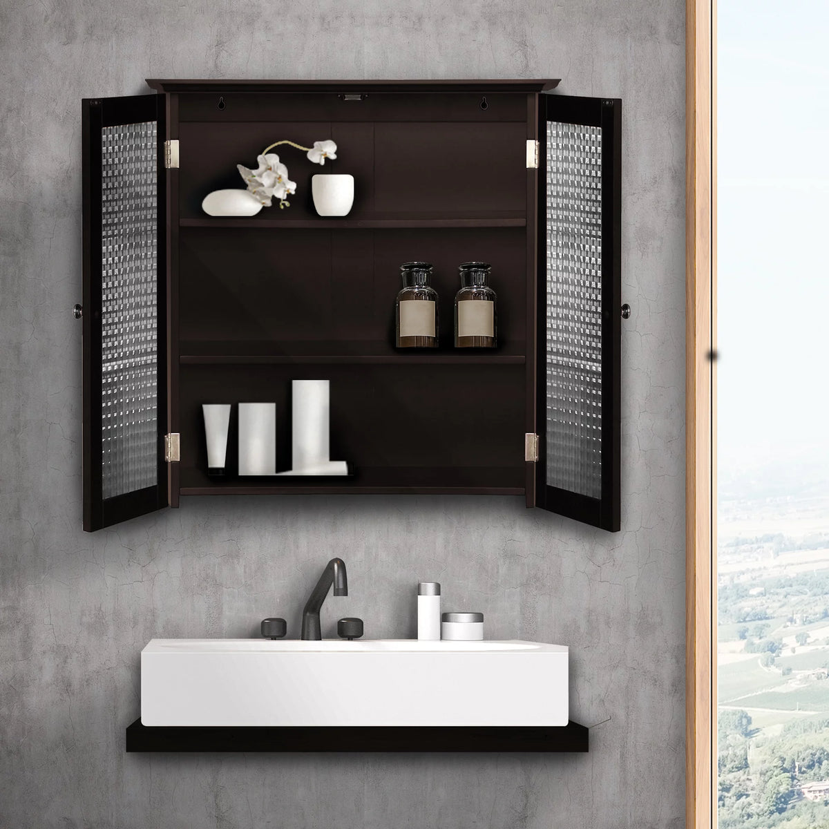 Wooden Wall Cabinet with 2 Glass Doors Z71597