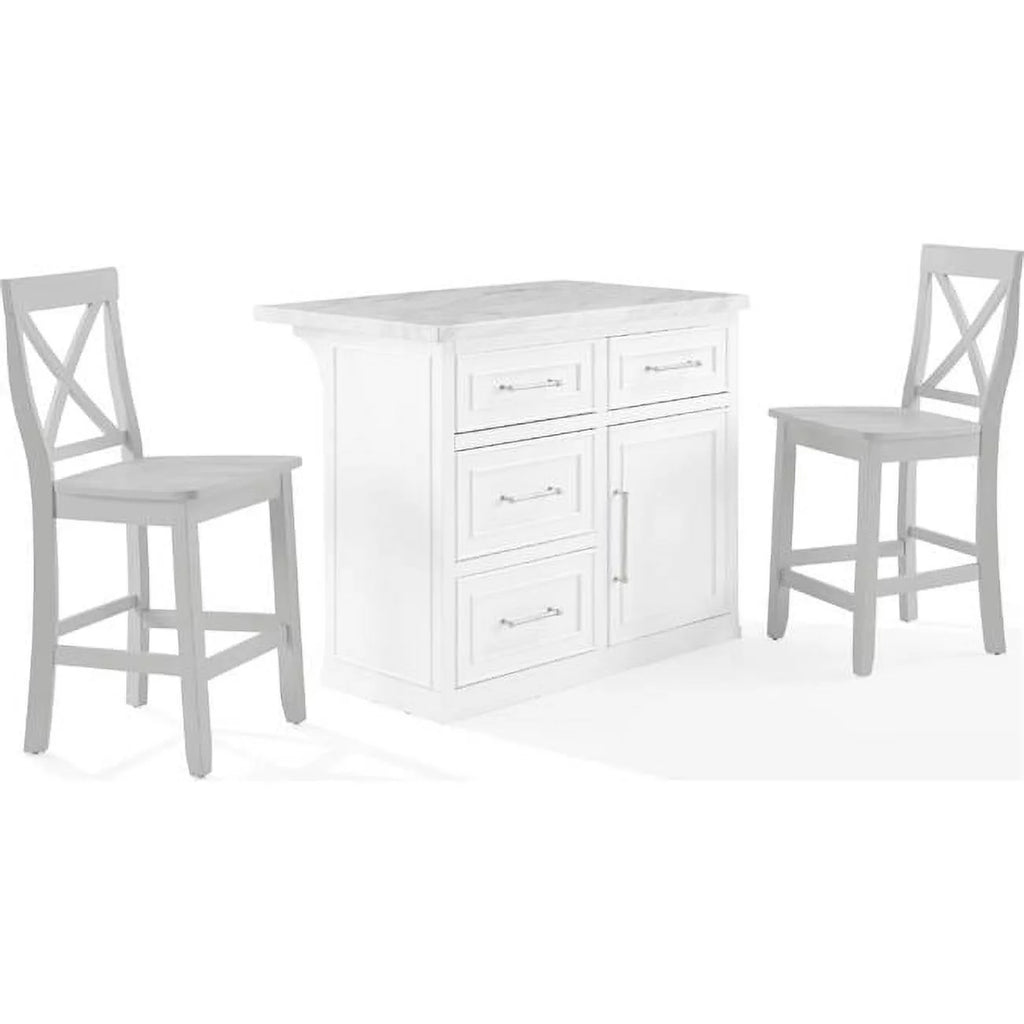 White 3-Piece Wood Kitchen Island with X-Back Stools I61221