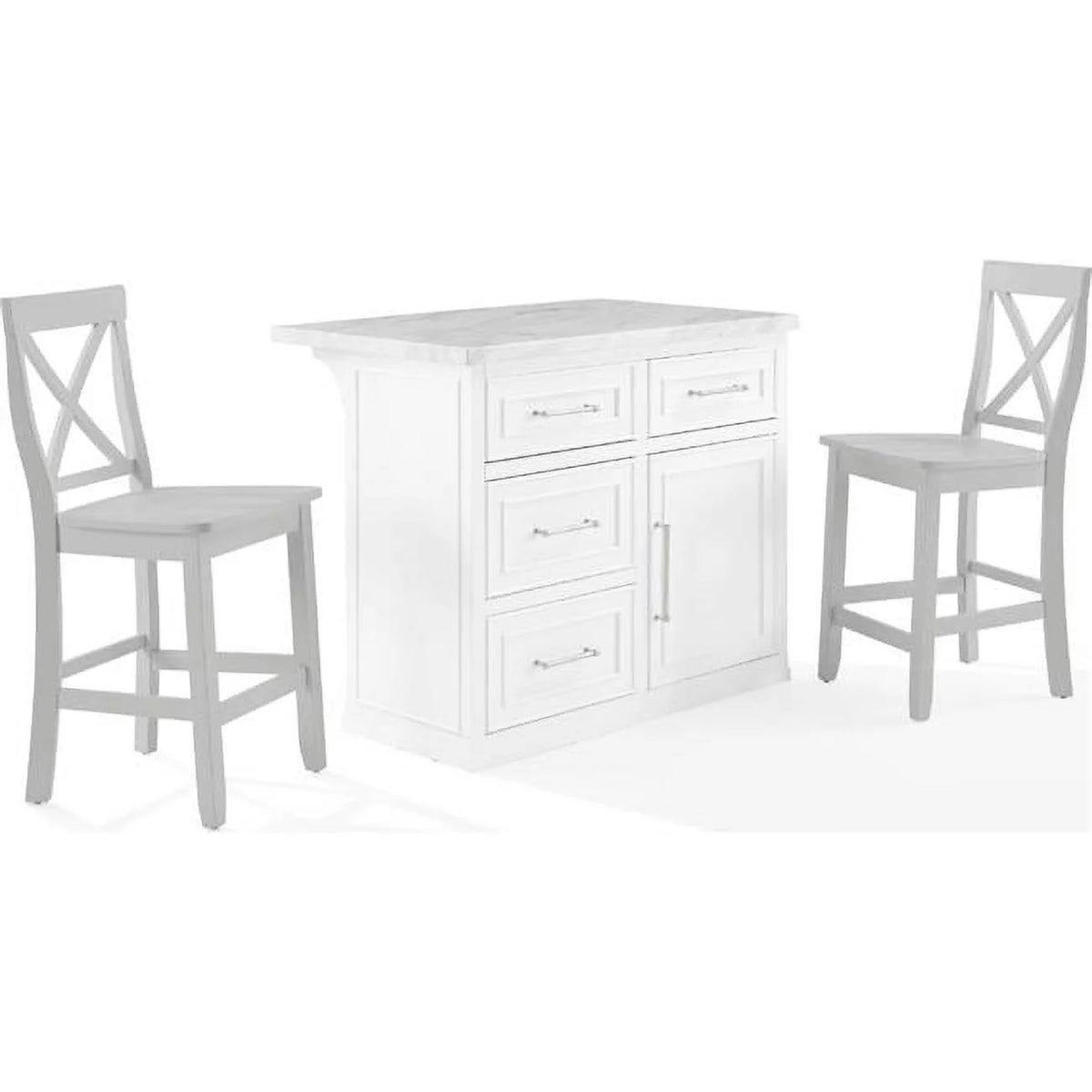 White 3-Piece Wood Kitchen Island with X-Back Stools I61221
