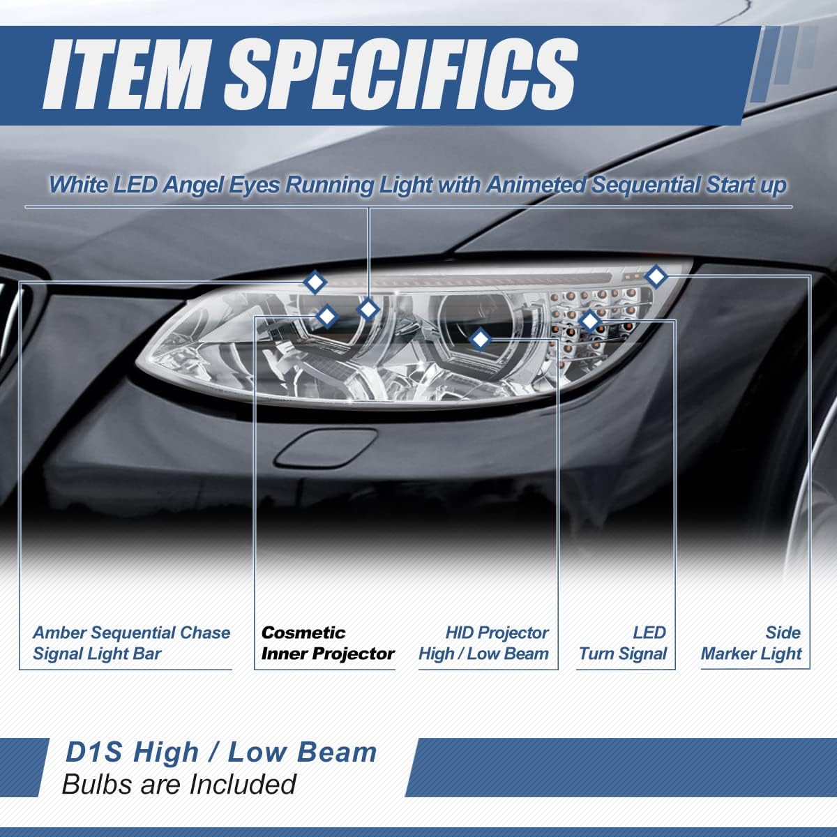 Dual Animated Start-Up Halo Sequential LED Turn Signal Projector HID Headlights, Chrome Housing F74026