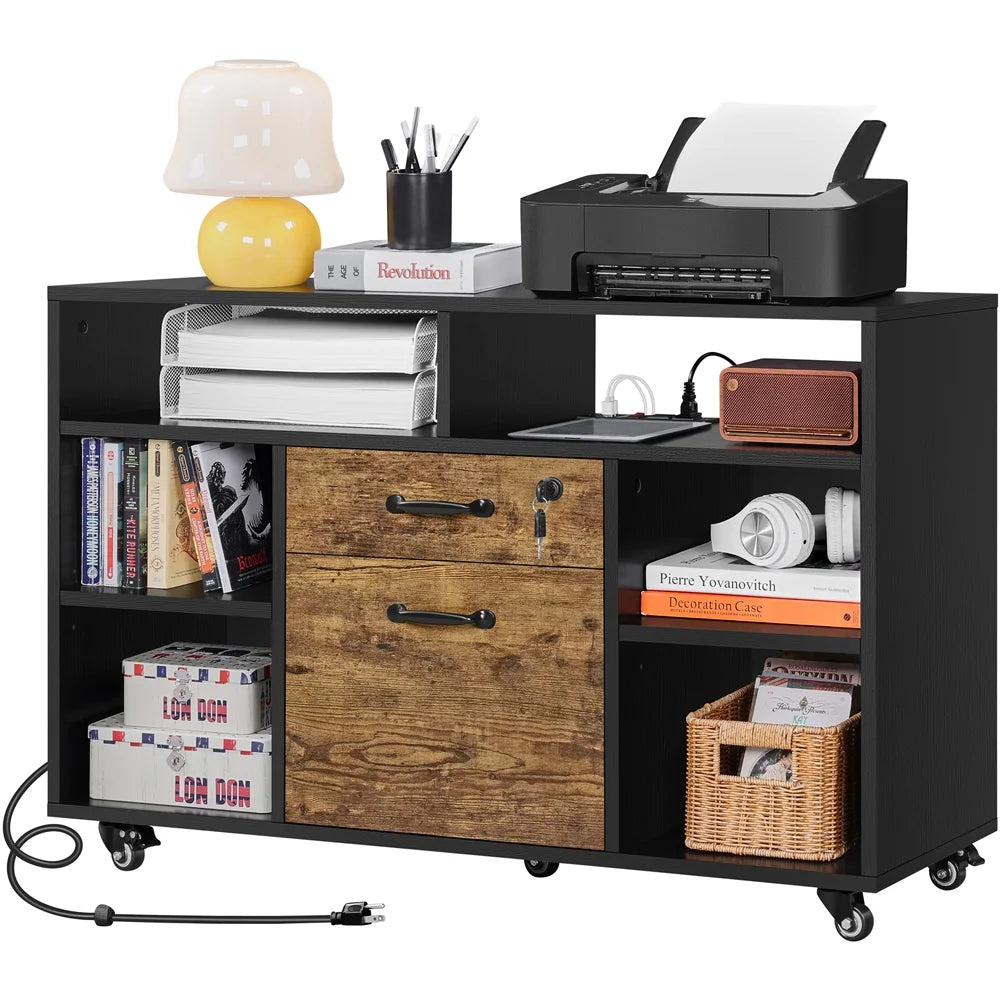 Black Rustic Brown Rolling File Cabinet with Power Outlet F74741