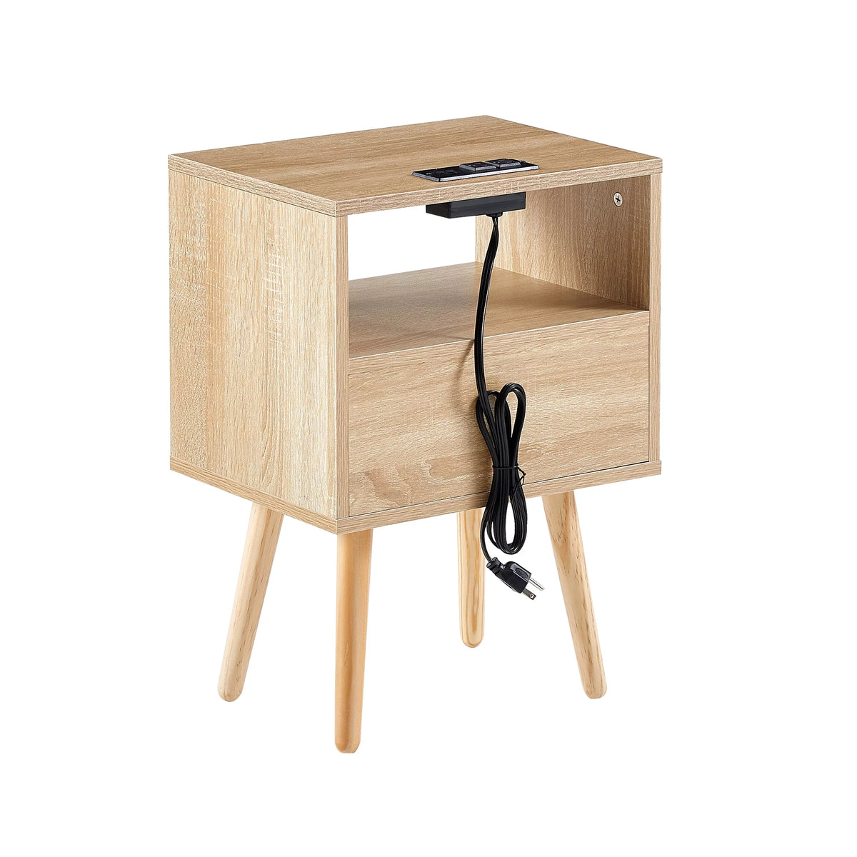 Rattan Wood Nightstand 1 Drawer with Socket USB E665847