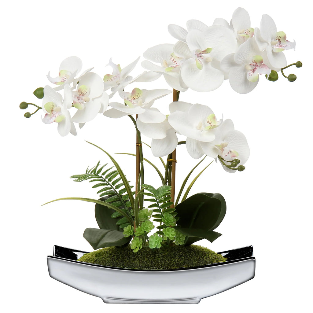 15" White Artificial Orchid in Silver Vase Q333