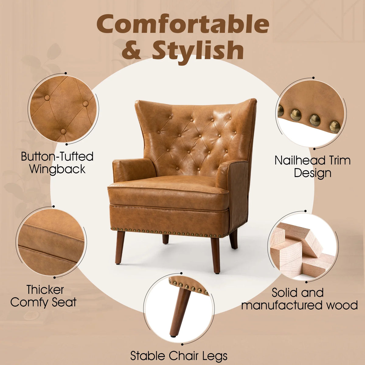 Faux Leather Upholstered Accent Chair with Solid Wood Legs O560