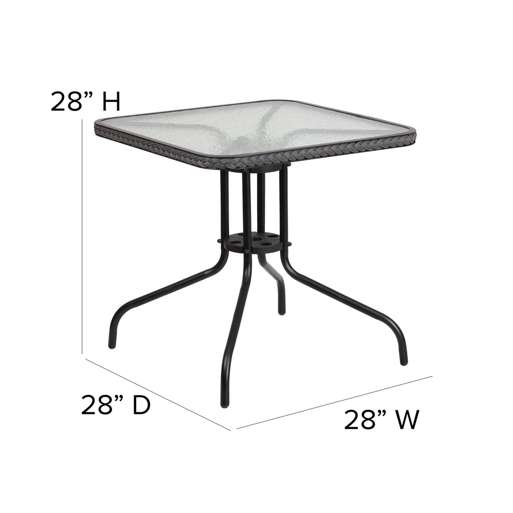 28'' Square Glass Metal Table with 2 Gray Rattan Stack Chairs X81433