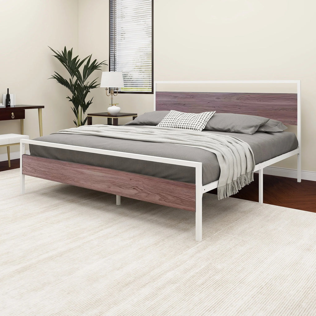 King Metal Platform Bed Frame with Wood Headboard and Footboard White J9427
