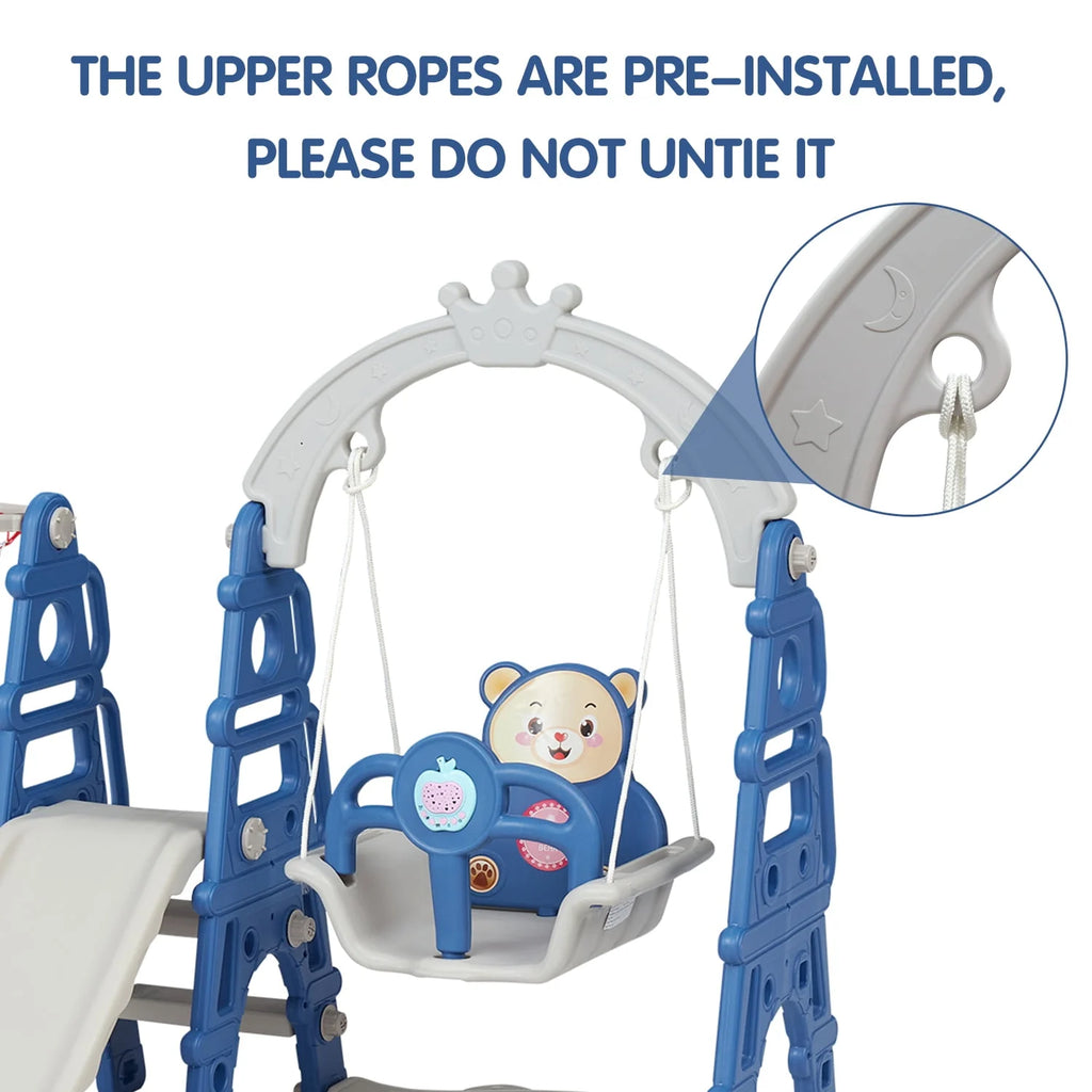 Blue Kids 5-in-1 Slides Climbing Swing Set I44001