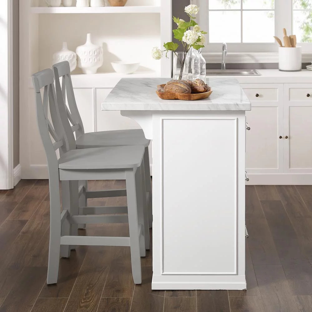 White 3-Piece Wood Kitchen Island with X-Back Stools I61221