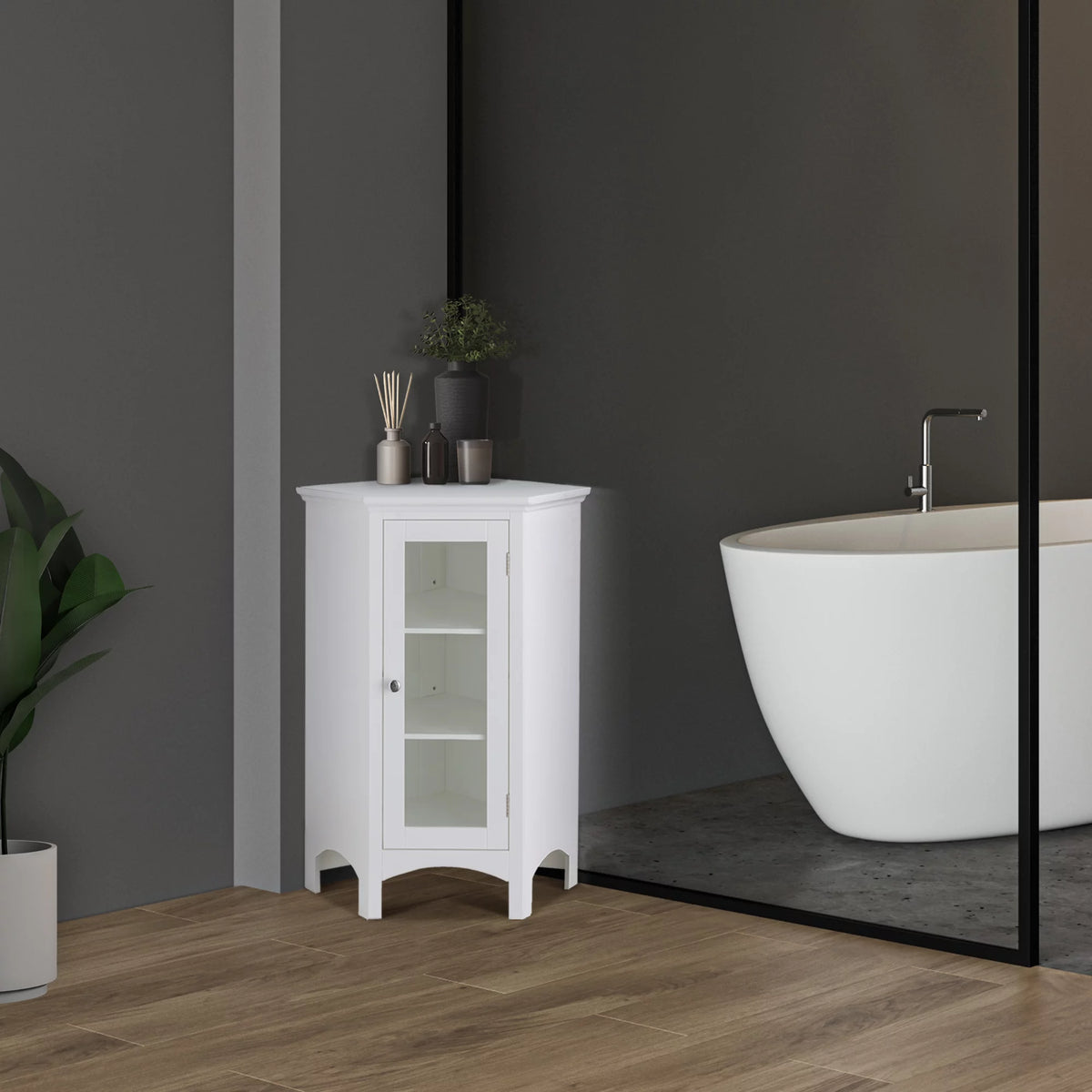 Wooden Corner Floor Cabinet with Glass Door White E19564