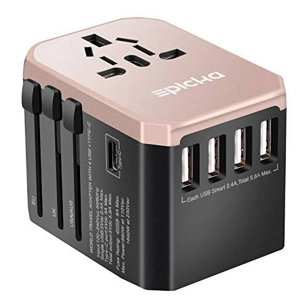 Universal Travel Power Adapter All in One Worldwide Wall Charger AC Plug Adaptor with 5.6A Smart Power and 3.0A Type-C Rose Gold Q477617