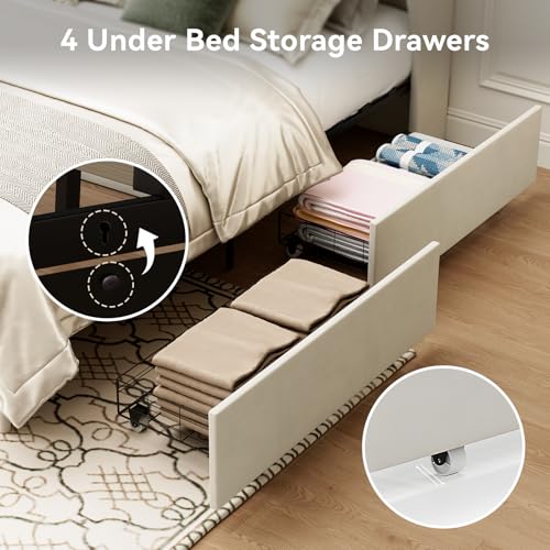 Full Size Velvet Upholstered Platform Bed Frame with 4 Storage Drawers X6688