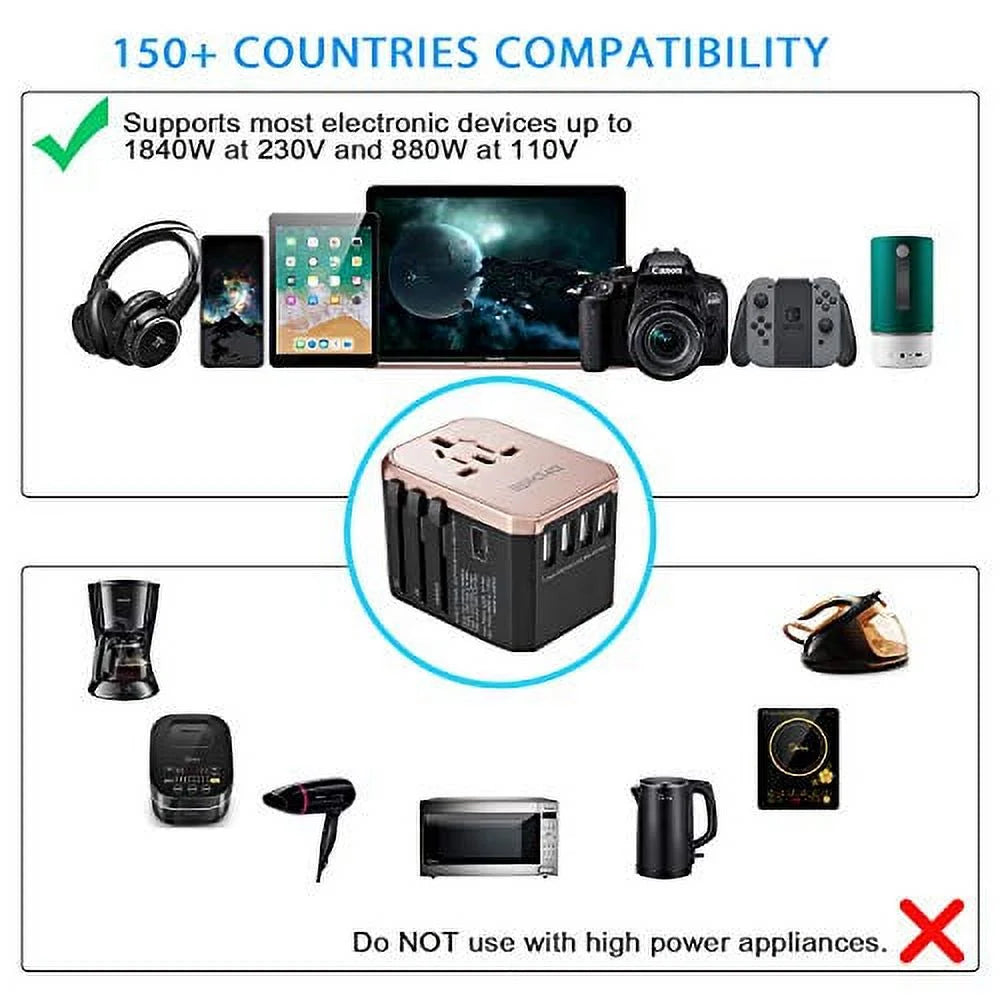 Universal Travel Power Adapter All in One Worldwide Wall Charger AC Plug Adaptor with 5.6A Smart Power and 3.0A Type-C Rose Gold Q477617