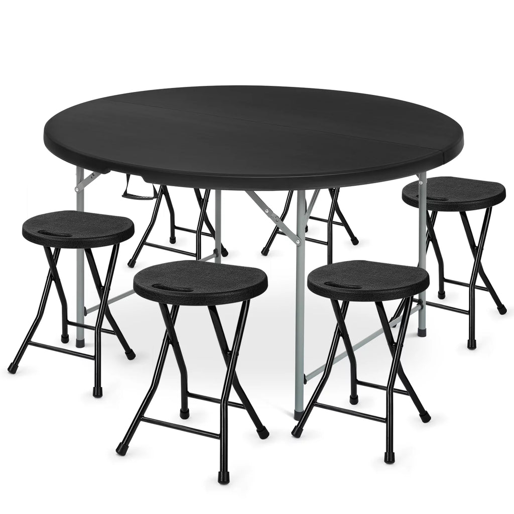 7 Pieces 5 FT Folding Round Table and Chair Set Black K27130