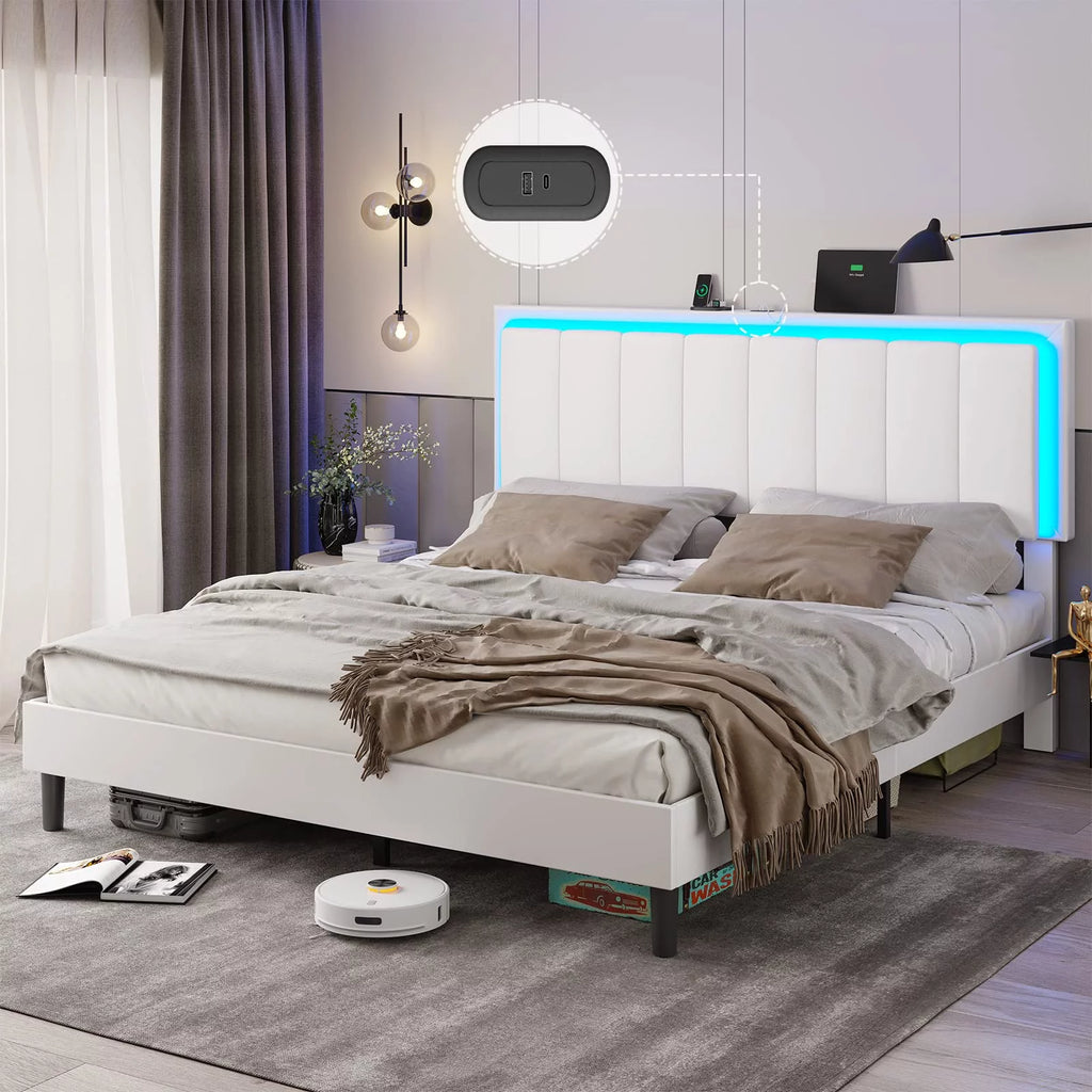 White Queen Upholstered Platform Bed Frame with Charging Station and LED Lights Y679