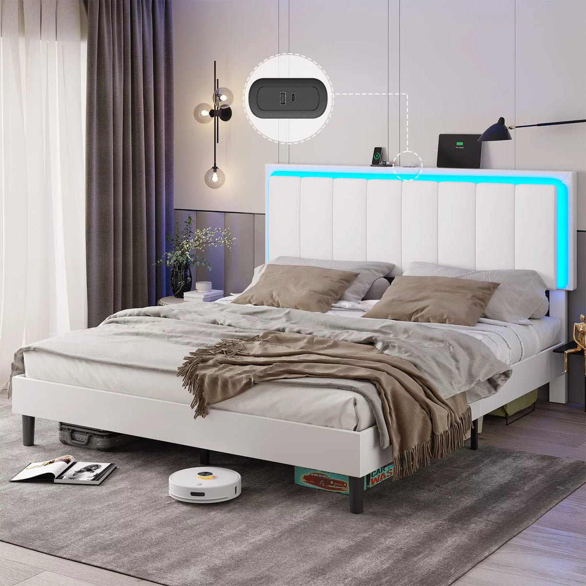 White Queen Upholstered Platform Bed Frame with Charging Station and LED Lights Y679
