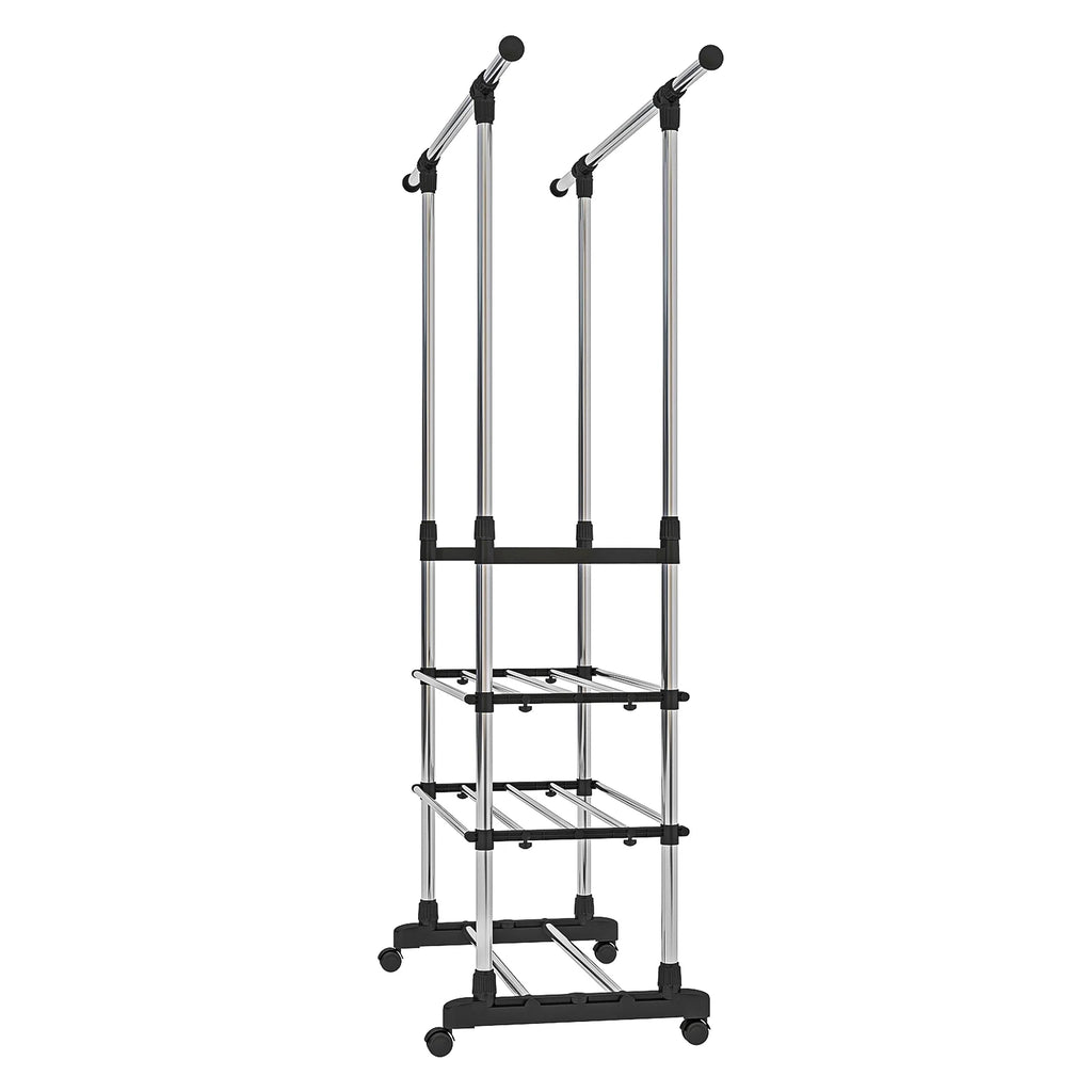 Adjustable Garment Rack with 2 Tier Metal Shelf, Rolling Clothes Organizer W908