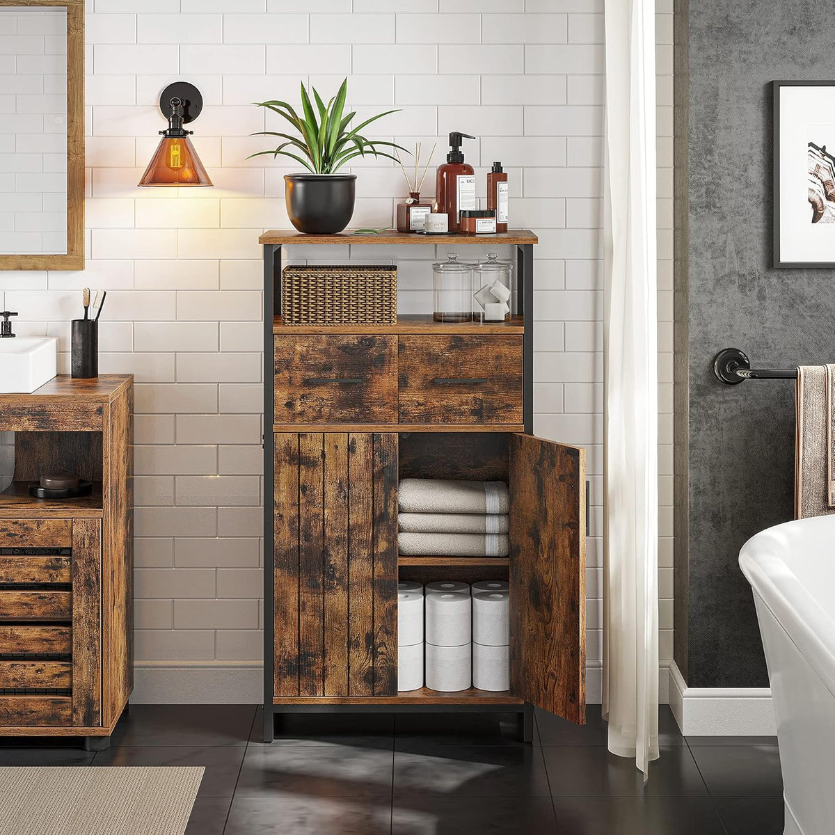Rustic Brown and Black Freestanding Storage Cabinet with Doors and Shelves O6702
